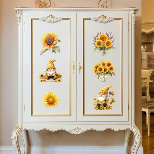 Peacoblue Sunflowers and Gnome Rub On Transfers for Furniture Craft 6"x12" - style: Sunflowers and Gnome