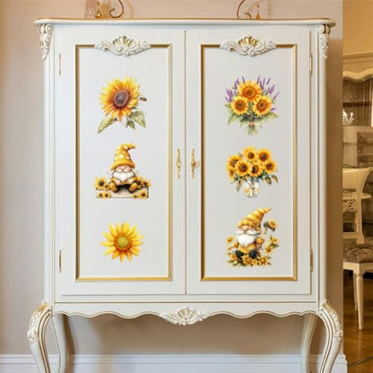 Peacoblue Sunflowers and Gnome Rub On Transfers for Furniture Craft 6"x12" - style: Sunflowers and Gnome