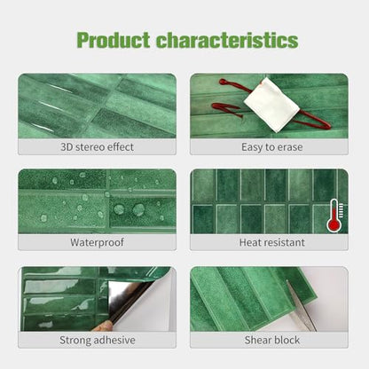 Alwayspon 10 Sheets 3D Peel and Stick PVC Backsplash Tiles, 10"x10" Self-Adhesive Wall Tile Stickers Stick on Subway Tiles for Kitchen Bathroom, Dark Green - color: T80561