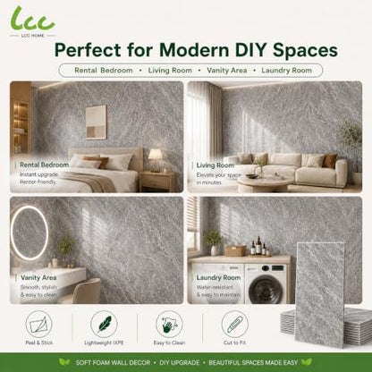 LCC Peel and Stick Wall Panels, Marble Look Backsplash Panels, Lightweight Wall Covering for Kitchen, Bathroom, Living Room & Bedroom (50, Modern Stone Grey) - color: Modern Stone Grey