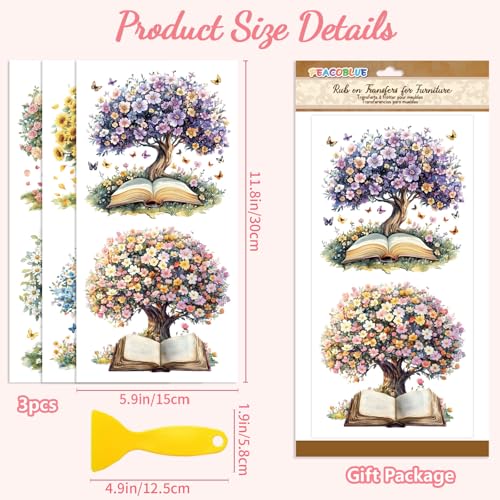 Peacoblue Book and Tree Rub On Transfers for Furniture Craft 6"x12" - style: Book and Flowering Tree