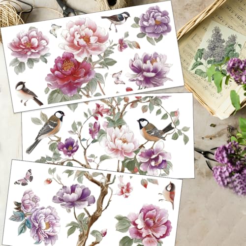 OLYCRAFT 3Pcs Pink Peony Rub on Transfers for Furniture and Crafts 12x6cm Floral Birds Furniture Decals Decor Large Pattern Transfer Stickers with 1Pc Scraper for Glass Cups Cabinets Decor - style: Pink flower