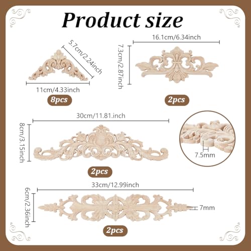 PH PandaHall 14pcs 4 Styles Wood Appliques and Onlays Carved Flower Decorative Wooden Furniture Embellishments Carving Decals DIY Carved Furniture Appliques for Bed Door Cabinet Wall Cupboard Wardrobe