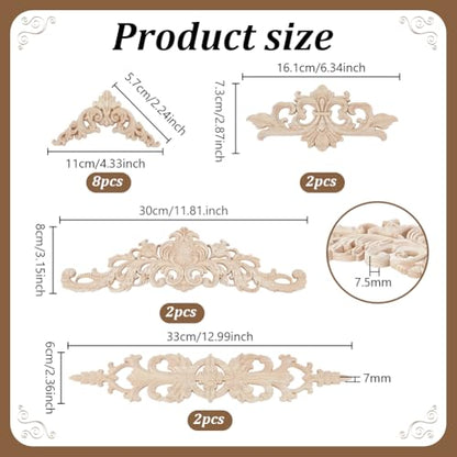 PH PandaHall 14pcs 4 Styles Wood Appliques and Onlays Carved Flower Decorative Wooden Furniture Embellishments Carving Decals DIY Carved Furniture Appliques for Bed Door Cabinet Wall Cupboard Wardrobe