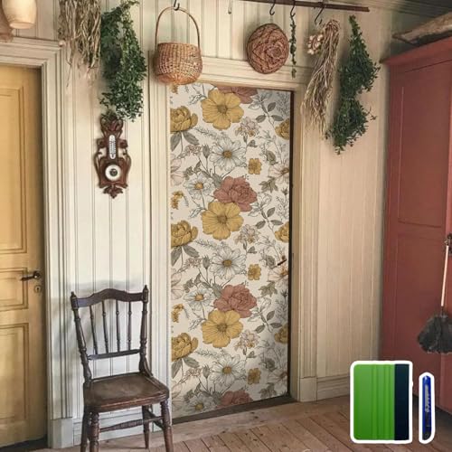 Floral Door Wrap Peel and Stick Door Vinyl Wallpaper for Living Kitchen Appliance Decor, Spring Wildflower - color: Spring Wildflower (With Tools), size: 29.92 x 78.74 inches