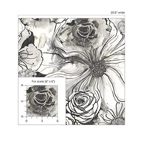 Harry & Grace Ink Rose Abstract Floral Peel and Stick Wallpaper (Onyx) - color: Onyx