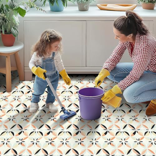 HOMETITUTE Modern Boho Floral Petal Peel Stick Floor 12x12 Vinyl - color: Beige