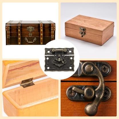uxcell 2pcs Retro Bronze Alloy Latch Locks and 4pcs Engraved Hinges, 51 x 44mm Latch Buckle and Pattern Hinge with 24pcs Screws for Decorative Cabinet Small Wooden Box - size: 51 x 44mm