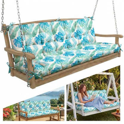 Oxford Fabric Swing Cushions with Backrest & Tie Straps for Patio Bench - color: Monstera Blue