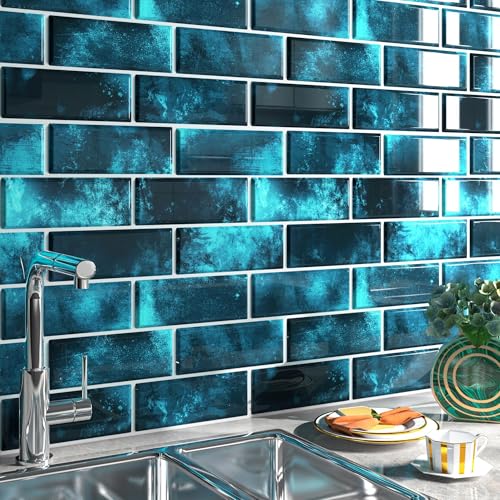 FunStick 30-Sheets Dark Blue Peel and Stick Subway Tile Backsplash for Kitchen Wall Tiles Peel and Stick Waterproof Self Adhesive Back Splash Tile Sticker for Bathroom Shower Walls Fireplace 12"x12" - color: Dark Blue, size: Box of 30 Tiles
