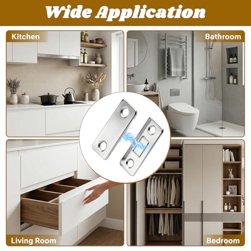 12 Pack Magnetic Cabinet Door Catches with Adhesive and Screw Option, Stainless Steel Drawer Magnets for Kitchen, Bathroom & RV, (8 Short and 4 Long)