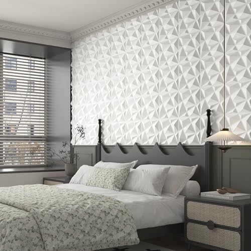 MIX3D 33 Pack 3D Wall Panels, Modern Diamond Textured Design for Interior Wall Decor in Living Room Bedroom Game Room Office Hotel, White, 12'' x 12'' Cover 32 Sq. Ft