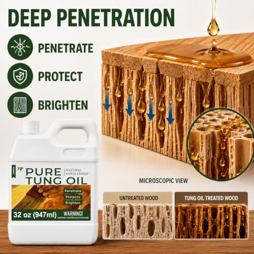 32oz 100% Pure Tung Oil for Wood, Food-Safe Waterproof Tung Oil with Towel - size: 32 Fl OZ