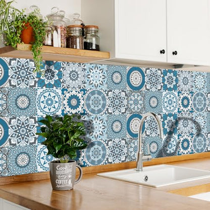 Peel Stick Vinyl Moroccan wall Tile Decals 6x6in Stick on backsplash,24Pc - color: Cyan Mandala 6x6