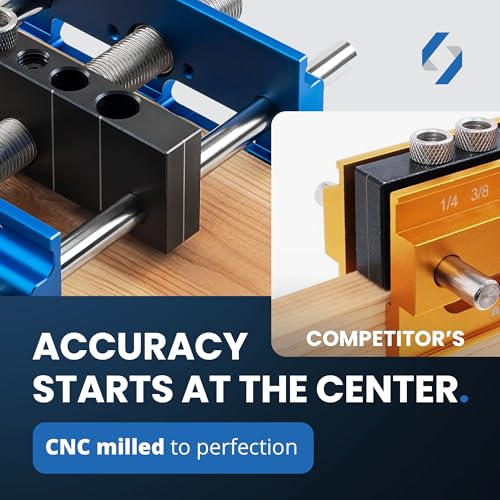 ELEON Self Centering Dowel Jig with Elongated Jaws & Extra Wide Clamp up to 6.7" - Precision Woodworking Made Effortless - Lasting Craftsmanship - Aluminum Alloy Drill with Guide & 6pcs Drill Bushings