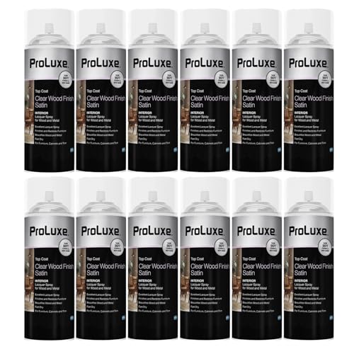 ProLuxe Satin Clear Oil-Based Alkyd Wood Finish Lacquer Spray, 12.25 oz (12 Pack), Interior Clear Protective Wood Coating, Fast Drying Spray Finish