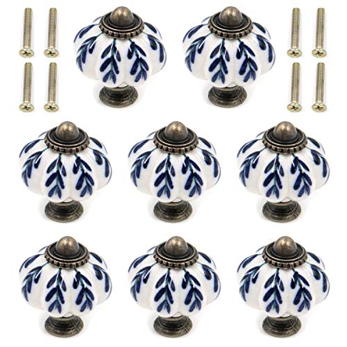 Geesatis Ivory & Blue Ceramic Knobs,Pumpkin Knobs,8Pcs,1.3" Cabinet Pulls - color: Blue & White