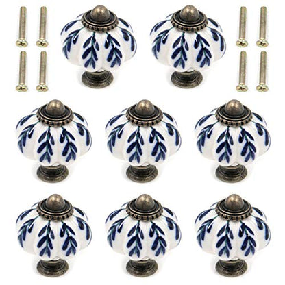 Geesatis Ivory & Blue Ceramic Knobs,Pumpkin Knobs,8Pcs,1.3" Cabinet Pulls - color: Blue & White