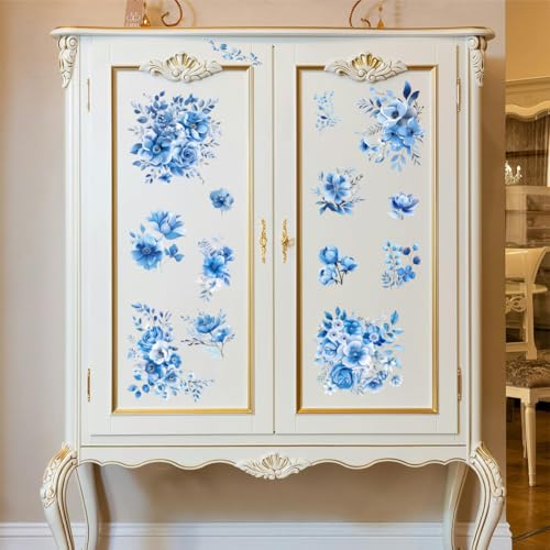 Peacoblue Blue Flowers Rub On Transfers for Furniture Craft 6"x12" - style: Blue Flowers