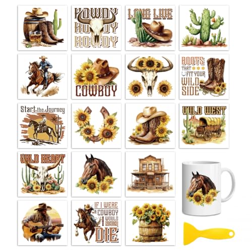 Peacoblue Western Cowboy Rub On Transfers for Craft, Transfer Sticker - style: Western Cowboy and sunflowers