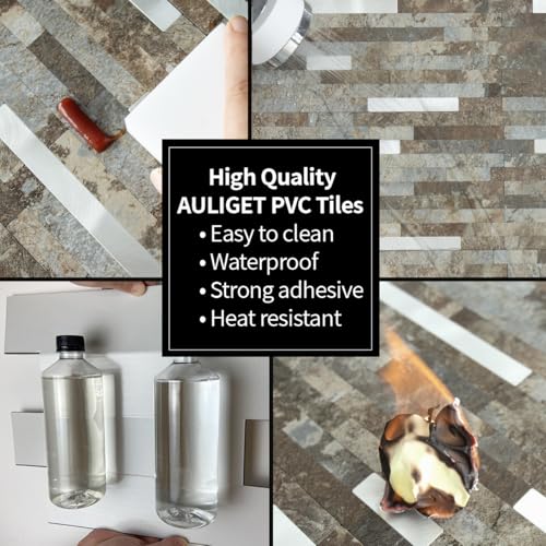 AULIGET 2 Sheets Beige & Brown Slate Peel and Stick Backsplash, PVC Mixed Metal Silver Wall Tile Stick on Backsplash for Kitchen and Bathroom - color: Beige & Brown Slate + Metal Silver, size: 2 Sheets, 6"x12"x0.12"