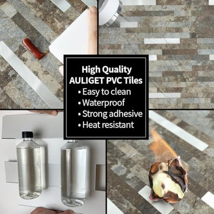AULIGET 20 Sheets Beige & Brown Slate Peel and Stick Backsplash, PVC Mixed Metal Silver Wall Tile Stick on Backsplash for Kitchen and Bathroom - color: Beige & Brown Slate + Metal Silver, size: 20 Sheets, 6"x12"x0.12"