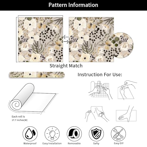 18"x236" Boho Cream/Brown Daisy Flower Peel and Stick Self Adhesive Wallpaper Removable Contact Paper Stick on Easy Peel Off Wall Paper for Kitchen Bedroom Bathroom Renter - color: Pink, White, size: 17.7" x 118"