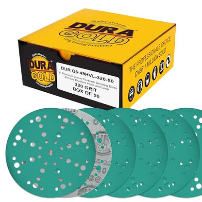 Dura-Gold 320 Grit 6" Green Film Sanding Discs, 49-Hole Pattern, Box of 50 - style: 320 Grit