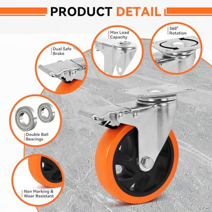 W B D WEIBIDA Swivel Caster Wheels for Cart, 5 Inch Industrial Heavy Duty Casters Set of 4, Top Plate Casters with Brake, No Noise Polyurethane Wheels for Cart, Furniture, Workbench - size: 5 INCH