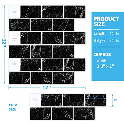 Art3d 10-Pack Subway Peel and Stick Backsplash, 12 x 12 Inch, Black Marble - color: Black Marble