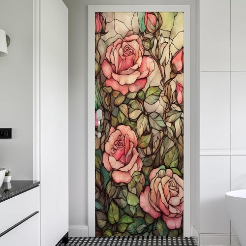 REDAMANCY Vintage Pink Rose Floral Green Leaf Peel and Stick Door Stickers Vinyl Mural Decals Decor Modern Wallpaper Self-Adhesive, Waterproof, Removable - color: Mta-36