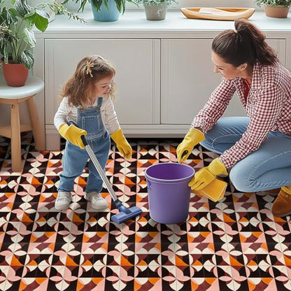 HOMETITUTE Retro Geometric Art 12x12 Inch Peel Stick Vinyl Floor Tile - color: Orange, Pink