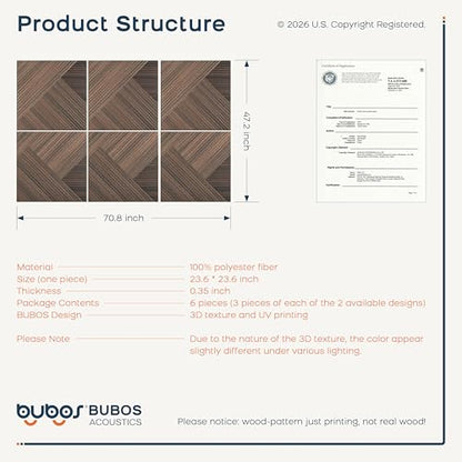 BUBOS 6 Pack Wood Wall Panel,23.6"x23.6" Peel and Stick Faux Acousitc Panel - color: Red Brown Walnut