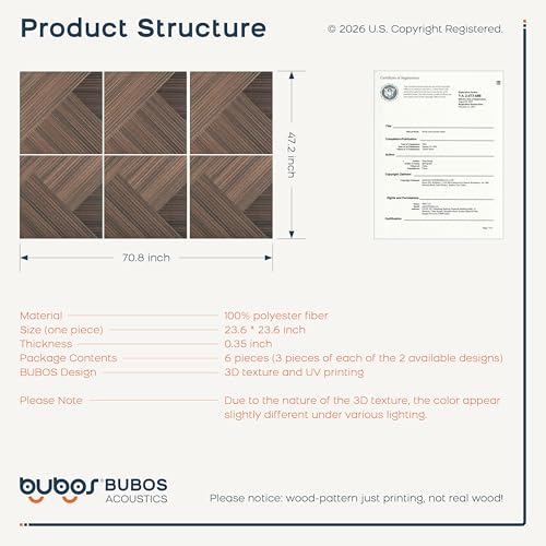 BUBOS 6 Pack Faux Wood Wall Panel,23.6"x23.6" Peel and Stick Acousitc Panel - color: Red Brown Walnut