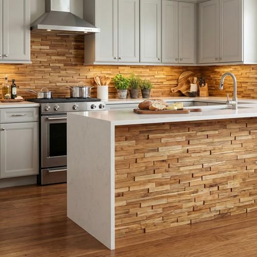 Bare Decor EZ-Wall 3D Mosaic Tile in Solid Teak Wood, Set of 10 Natural Finish Tiles - size: 10 sq ft