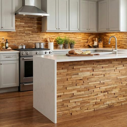 Bare Decor EZ-Wall 3D Mosaic Tile in Solid Teak Wood, Set of 10 Natural Finish Tiles - size: 10 sq ft