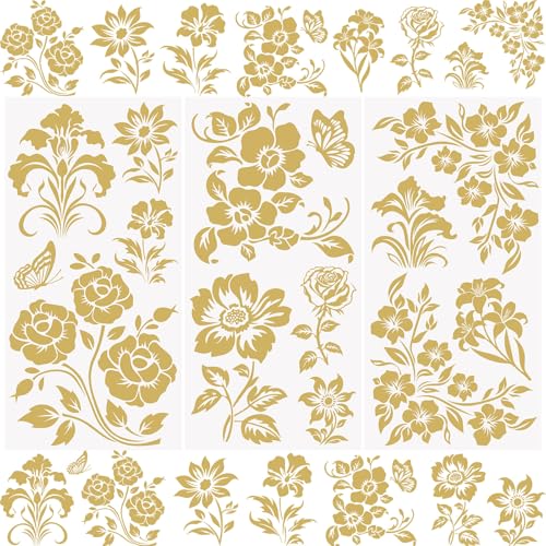 WANDIC 3 Sheets Golden Flowers Rub on Transfer Stickers, Waterproof Vintage Butterfly Transfer Decals Floral Furniture Stickers for Crafts Furniture DIY Crafts Decoration,15 * 30cm - color: Gold Flower Theme