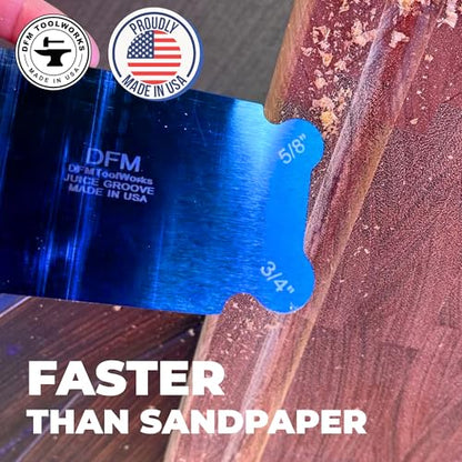 DFM Tool Works Curved Cabinet Scraper Cards - Precision Cabinet Scraper for Woodworking, Multi-Use Woodworking Tools, Wood Finishers, Quality Card Scraping Tool, Made in USA, Juice Groove - Blue