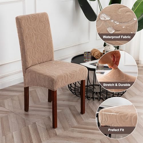 Waterproof Dining Room Chair Covers, Stretch Parsons Chair Slipcovers - color: Flower Pattern-khaki, size: Large-4 Pack