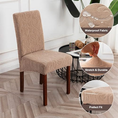Waterproof Dining Room Chair Covers, Stretch Parsons Chair Slipcovers - color: Flower Pattern-khaki, size: Large-4 Pack
