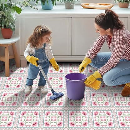 HOMETITUTE Pink Wildflower Green Leaf Peel Stick Floor 12x12 Vinyl - color: Pink#3