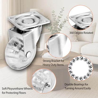 2" Swivel Caster Wheels, 500lbs, Crystal Clear, Set of 4 - size: 2 inch, No Brake