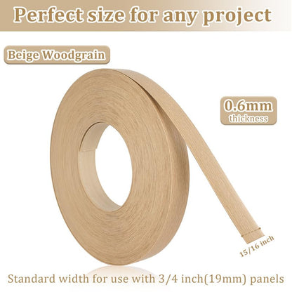 Light Beige Wood Grain Edge Banding, 15/16" x 100ft PVC Edge Banding Tape, 1mm Thick Wood Veneer Edging for Kitchen Cabinets, Closet Shelves & Room Renovations - color: Light Beige, size: 15/16 inch X 100 ft