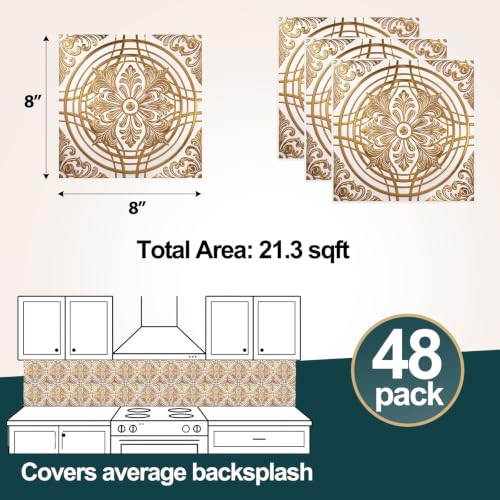 48Pcs 3D Metallic Peel &Stick Wall Tile 8x8, Gold, Cream Gold Relief Floral - color: Gold, style: Cream Gold Relief Floral
