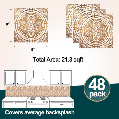 48 Pcs 3D Antique Peel and Stick Wall Tile 8x8 Inch, Gold, Medallion - color: Gold, style: Medallion