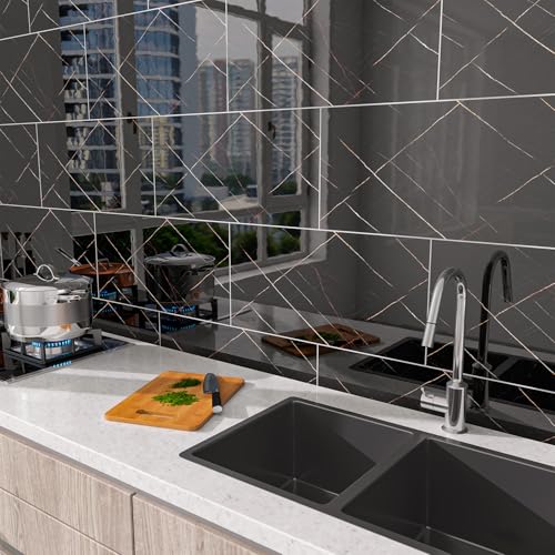 Marble Peel and Stick Backsplash 23.6 x11.8 in, 10PCS - color: Black-Striped Marble