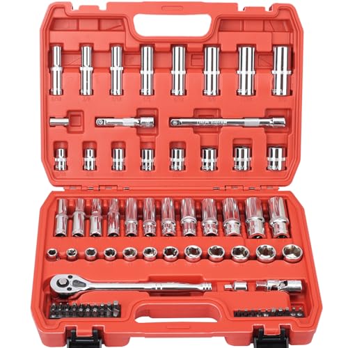 Egofine 3/8" Drive Socket Set, 76 PCS Ratchet Wrenches Set, Standard and Deep Metric (8 to 19mm)/SAE (5/16 to 3/4 inch) Size, with 72-Tooth Ratchet for Auto Repairing and Household, with Storage Case - color: Red, size: 3/8" 76 PCS with 72 Teeth Ratchet