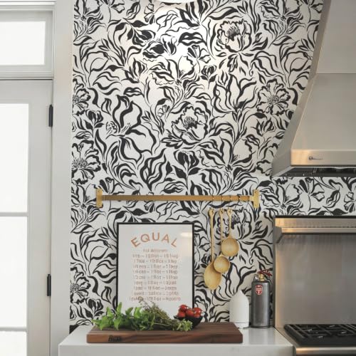 Ismoon Black and White Wallpaper Peel and Stick Floral Contact Paper 17.3in x 16.4ft Peony Flower Modern Striped Abstract Wall Paper for Bathroom Bedroom Removable Vinyl Renter Friendly - color: Black/White, size: 17.3" x 197"
