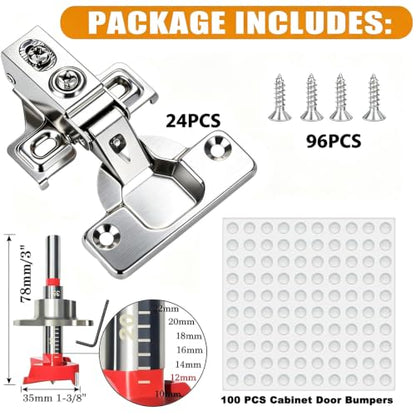 BESTEEL 24 Pack 1/2 inch Overlay Soft Close Cabinet Door Hinges for Kitchen Cabinet Hinges, 100 Degree Opening Angel, Stainless Concealed Kitchen Cabinets Hinge Self Closing with Drilling Tool &Manual - size: 24 PCS