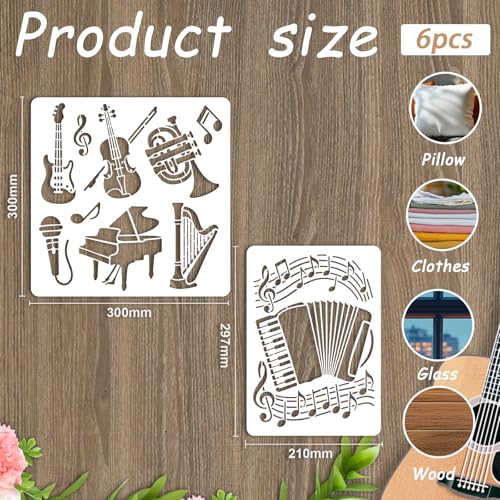 INFUNLY 6pcs Musical Instrument Stencil for Painting 11.8x11.8 Inches Reusable Music Note Stencils 8.3x11.7 inches Orchestra Stencils Drum Piano Drawing Template for Wood Canvas Wall Paper - style: Music theme